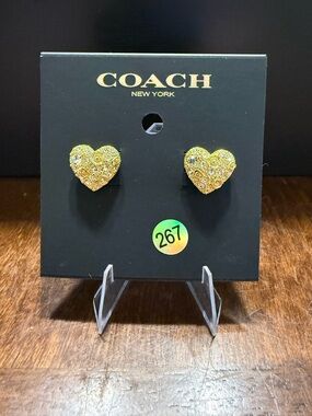 New COACH Pave Heart Stud Earrings Gold Plated